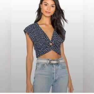 Free People Womens Havana Honey V-Neck Woven Crop Top Large Blue Floral Boho